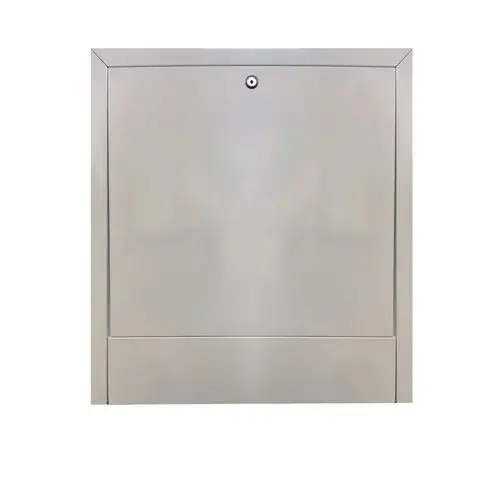 Verteilerschrank mit glatter Oberfläche und zentralem Sichtfenster. Geeignet für Heizkreise. Möglicherweise von der Marke Danfoss.